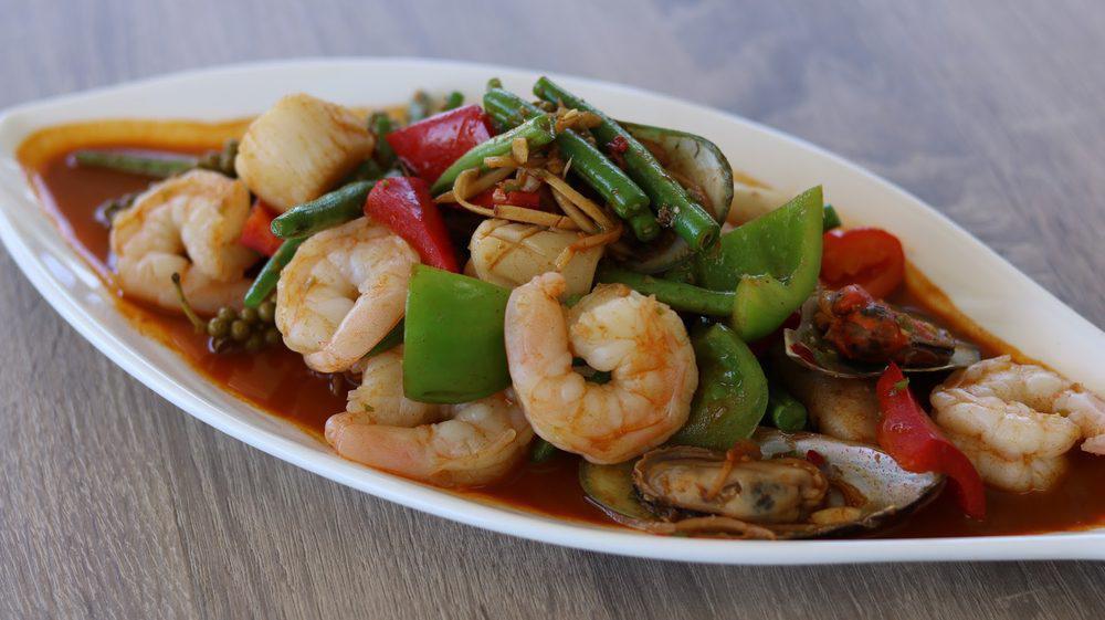 Seafood Pad Cha · Seafood with peppercorns, mixed vegetables tossed in homemade pad cha sauce.