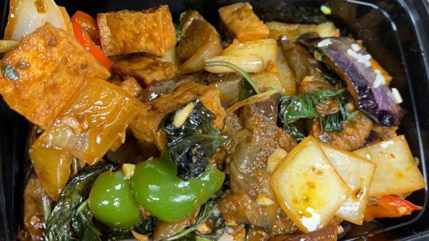 Spicy Eggplant · Vegetarian. Stir-fried eggplant with Thai basil in a special sauce.