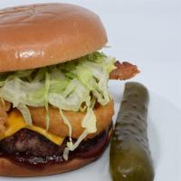 The Saloon Burger · Bacon, Golden Brown Onion Ring, Sweet Baby Ray’s, BBQ Sauce, Shredded Lettuce, and Melted Ch...