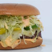 The Aztec Burger · Pork Chorizo, Fresh Jalapeño Slices, Pepperoncini, Pepper Jack Cheese, Shredded Lettuce, and...