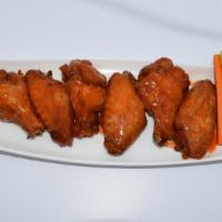 Jumbo Buffalo Wings · Large wings marinated overnight in a rub, slow cooked, and tossed in franks red hot Buffalo ...