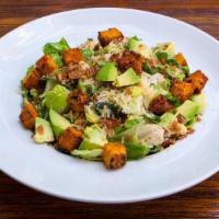 Caesar Salad (Rgf) · Crisp romaine lettuce, applewood bacon, local organic avocado, and housemade croutons topped...
