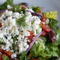 Greek Salad (Gf) (V) · Crisp romaine lettuce, cucumbers, red onion, cherry tomatoes, diced bell peppers, and kalama...