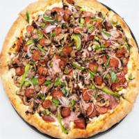 David'S Combo · Pepperoni, salami, Canadian bacon, mushrooms, linguica, bell peppers, onions and sausage.