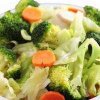 Veggie Bowl · Served with steamed rice and vegetables (cabbage, broccoli, and carrots).