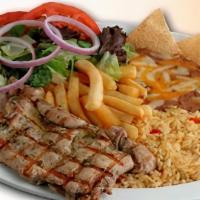Pollo Asado Plate · Served with rice, beans, fries, salad and tortillas.