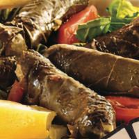 Vegetarian Grape Leaves · A mix of rice, vegetables and spices wrapped in grape leaves (six pieces).