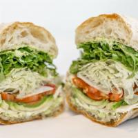 Veggie Sandwich · Fennel, radish, avocado, tomato arugula, havarti, herb aioli, balsamic/oil.