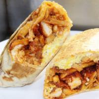 Birdz Burrito · Tender, cheddar cheese, eggs, fries, house sauce wrapped in soft flour tortilla.