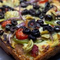 Primavera Veggie- Detroit Style Large (No Subs/Adds) · Roasted Red Peppers, Bell Peppers, Tomatoes, Mushrooms, Red Onions, Artichokes & Olives with...