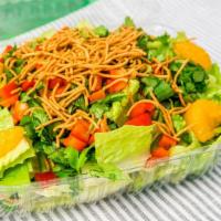 Mandarin Salad · Romaine lettuce, green onion, cilantro, red bell pepper, mandarin orange slices,  crispy noo...