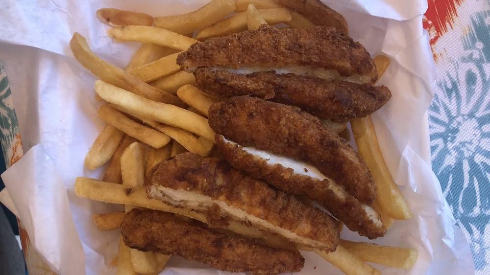 Chicken Strips & Fries · Fried chicken tenders and side of large fries.