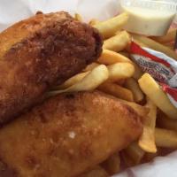 Fish & Chips · Three pieces of cod and fries with choice of malt vinegar or tartar sauce.