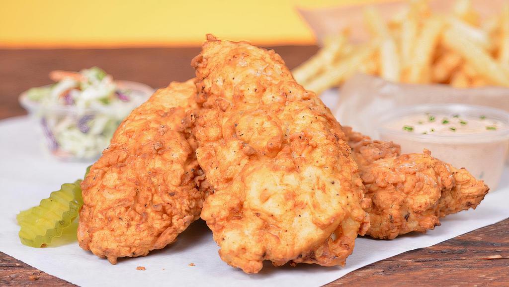 3 Tendies Tenders · Three pieces of Tendies’ famous jumbo, buttermilk herb marinated, double hand-breaded chicken tenders with tangy coleslaw, pickles and choice of sauce or seasoning.