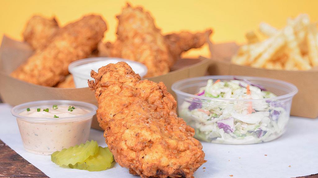 5 Jumbo Tender Combo · 5 of our famous jumbo, buttermilk herb marinated, hand-breaded chicken tenders. Served with French Fries, Coleslaw, and choice of Dipping Sauce.