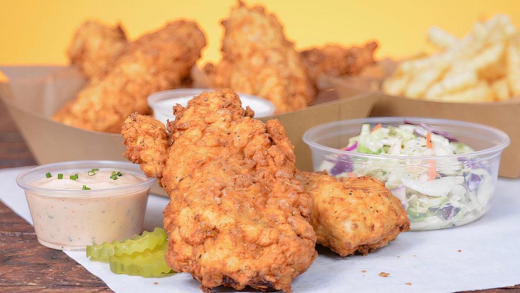 6 Tendies Tenders · Six pieces of Tendies’ famous jumbo, buttermilk herb marinated, double hand-breaded chicken tenders with tangy coleslaw, pickles and choice of sauce or seasoning.