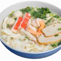 House Special Seafood Noodle Soup 海鮮粿條 · Big Rice Noodle, Shrimp, Imitation Crab meat, Fish Ball, Fish Cake, Fish Stick, Squid, Musse...