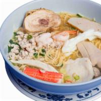 Chiu Chow Special Noodle Soup 潮州粿條或麵 · Small Egg Noodle, Shrimp, Imitation Crab meat, Pork Ball, Pork Cake, Ground Pork, Pork Kidne...