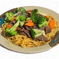 Beef With Broccoli Chow Mein Or Chow Fun 芥蘭花牛肉炒麵 · Chow Mein, Beef, Broccoli, Carrot with Chinese gravy sauce.