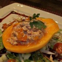 Papaya  Chicken  Salad · Roasted chicken breast, sweet grapes dried fruit, seasonal greens, chipotle honey barbeque d...