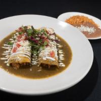 Enchiladas Verdes · Two enchiladas topped with our special salsa de tomatillo, melted cheese, crema ranchera, bl...