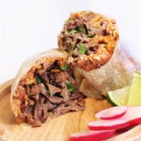 El Mexicano Burrito · Your choice of meat, rice, beans, grilled onions, cilantro and guaca salsa.