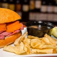 French Dip · London broil oven roasted roast beef, cheddar cheese, extra virgin olive oil, served with au...
