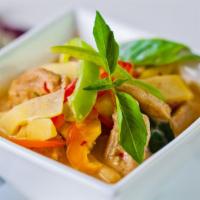 Red Curry · Spicy. Red curry with bamboo shoots, basil, bell peppers, and coconut milk.