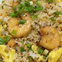 Shrimp Fried Rice · Comes with onion, tomato, green onion, pea, carrot, scrambled egg, and shrimp.