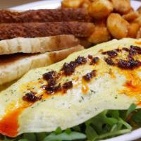 Arugula Ham & Cheese Omelette · Arugula, ham, and cheese with chili oil drizzle. Served with choice of side and choice of to...