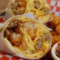 Breakfast Burrito · Choice of meat, cheese, eggs, tater tots, smoked cheese sauce, and pico De gallo. Choice of ...