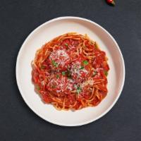 Spaghetti With A Chance Of Meatballs Pasta  · Fresh spaghetti and homemade ground beef meatballs served with rossa (red) sauce, red pepper...