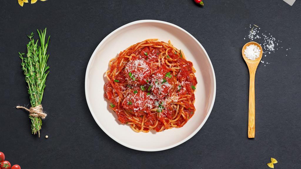 Spaghetti With A Chance Of Meatballs Pasta  · Fresh spaghetti and homemade ground beef meatballs served with rossa (red) sauce, red pepper flakes, and parmesan.