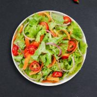 The Last Garden Salad · Fresh green lettuce mix, tomatoes, black olives, red onions, bell peppers, and shredded mozz...