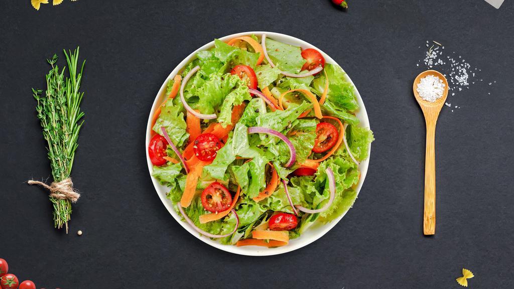 The Last Garden Salad · Fresh green lettuce mix, tomatoes, black olives, red onions, bell peppers, and shredded mozzarella cheese. Served with choice of your dressing on the side.