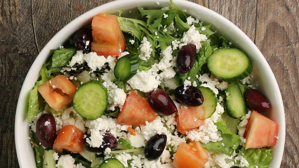 Greek Salad · Romaine lettuce, tomato, cucumber, feta cheese, Greek olives, and house dressing