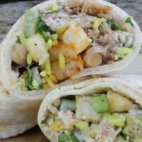 Fatbelly Wrap Chicken · Chicken, flaming sauce, rice, fries, and garbanzo salad