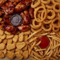 Party Down Bundle  · That's right! House seasoned fries, onion rings, 25 bone-in wings, and 24 chicken nuggets. S...