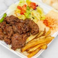 Beef Shish Kabob Plate · Served with hummus, rice, salad and pita bread.