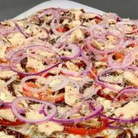 Bbq Chicken Pizza · BBQ Sauce, grilled chicken, tomato, red onion, mozzarella and parmesan cheese.