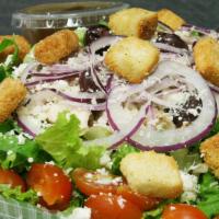 Mediterranean Salad · Mixed Greens, tomato, cucumber, kalamata olive, red onion, feta, parmesan, and croutons. Chi...
