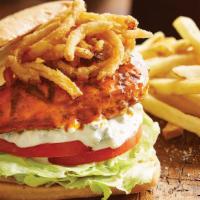 Buffalo Chicken Sandwich · Grilled hard roll, fried chicken breast, house Buffalo or wing sauce. Served with choice of ...