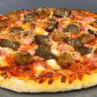 Meat Lovers Pizza  · Pepperoni, ham, sausage, meatball, with our special original/BBQ sauce mix, mozzarella and p...