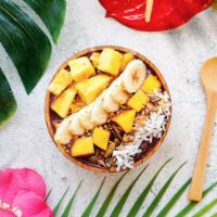 Surf’S Up Tropical Bowl · Acai bowl topped with granola, sliced banana, pineapple, mango, shredded coconut, and honey.