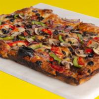 Vegetable Pizza · Marinara, mozzarella, mushrooms, onions, olives, and bell peppers.