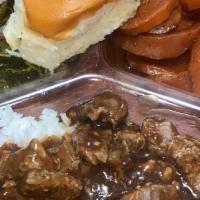 Cashes Smothered Steak Dinner  · Smothered Steak Over Rice with 2 side-saddle dinner roll or cornbread and cup kool-aid with ...