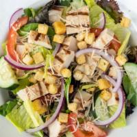 Chicken Salad  · Romaine, Green Mix, Parmesan Cheese, Carrots, Red Onions, Cucumbers, and Croutons