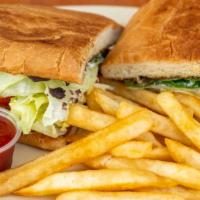 Chicken Torta · cheese, lettuce, tomato, onions, mayo, mustard Only the torta  if you want fries or salad it...