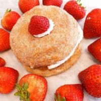 Strawberry Cream House · Included: Cinnamon Sugar, Fresh Strawberry, Whipped Cream Croissant Donuts