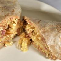 Burrito Mañanero · Breakfast Burrito, Flower Tortilla,  egg, ham, bacon, chorizo, papas, bell pepper, Refried B...
